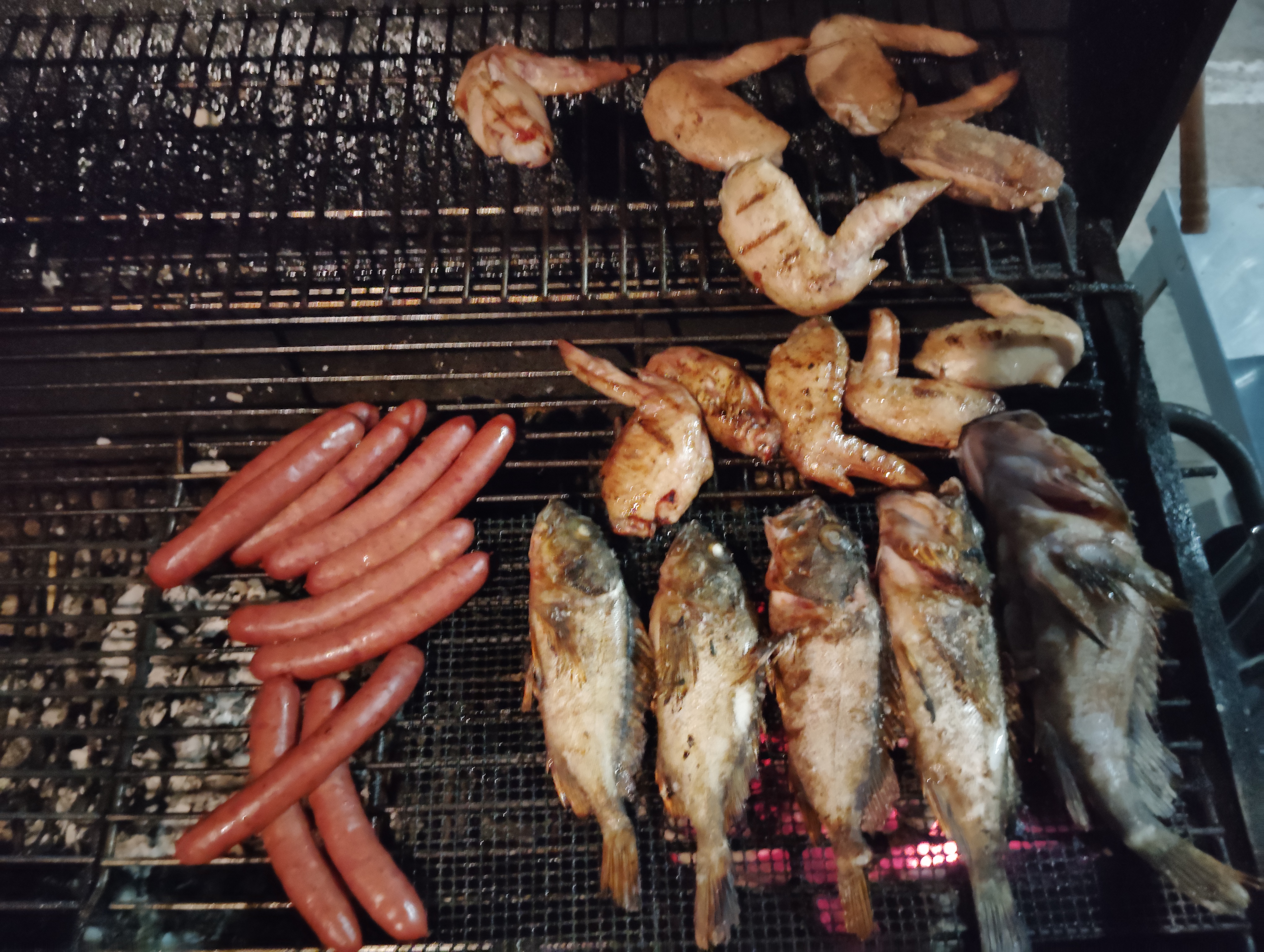 ソーセージ・手羽先・魚を炭火で焼く